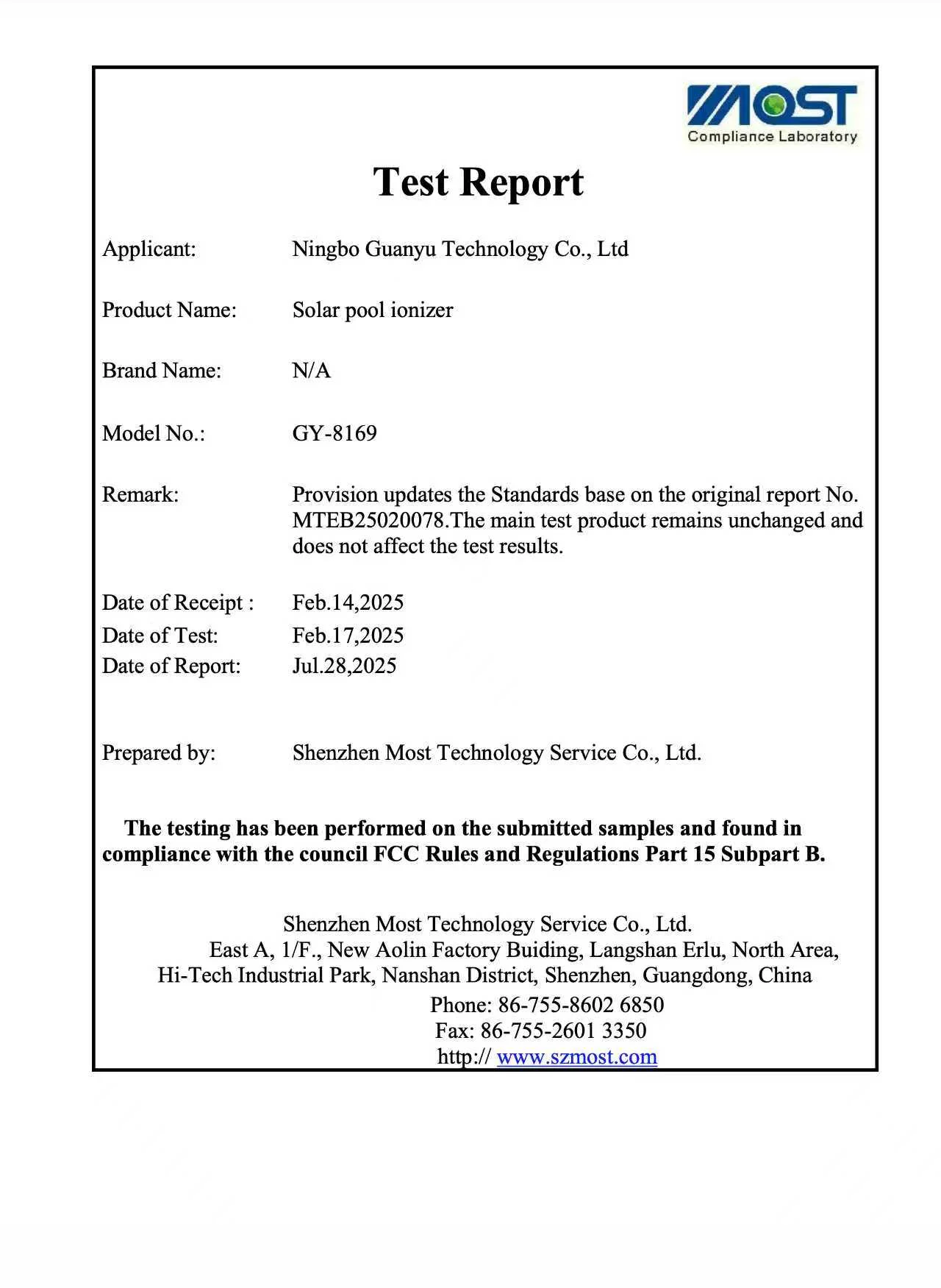 Informe de ensayo FCC · MOST. Modelo GY-8169.