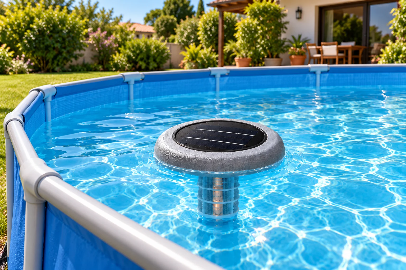 Ionizador solar Marazual gris flotando en una piscina de lona o PVC con estructura de soporte.