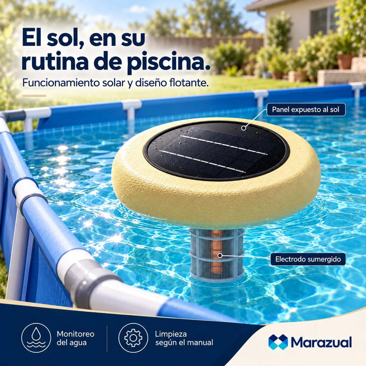 El sol, en su rutina de piscina. Ionizador solar Marazual flotando, con panel expuesto al sol y electrodo sumergido.