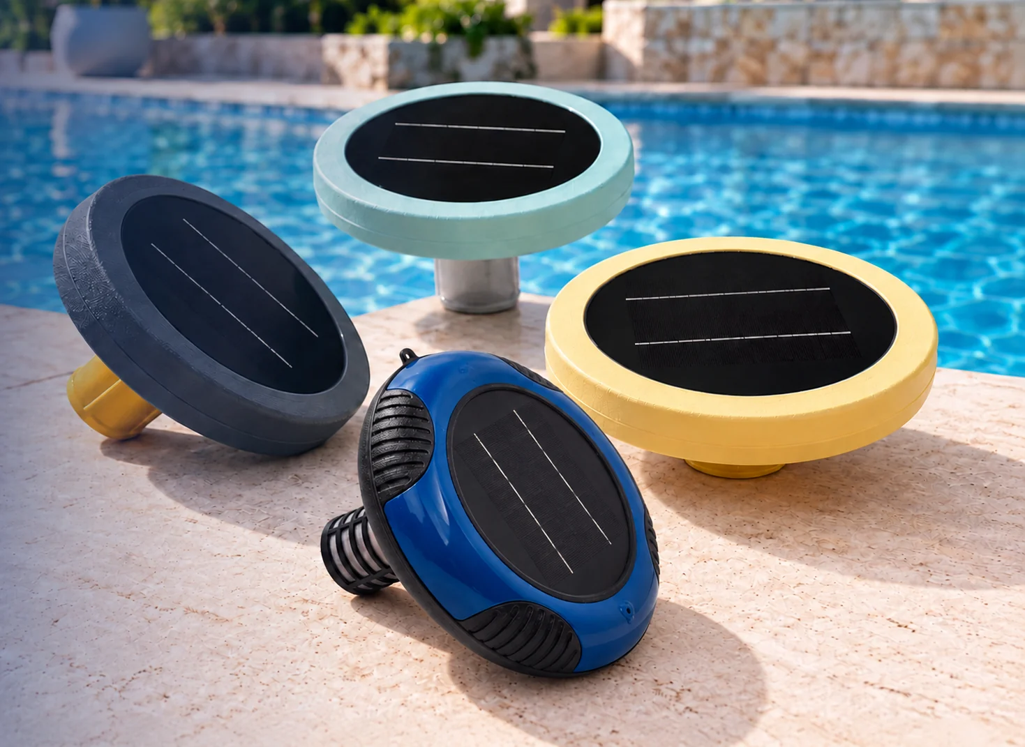 Cuatro ionizadores solares MARAZUAL junto a una piscina: tres modelos en gris, azul claro y amarillo claro, y el nuevo modelo redondo azul intenso en primer plano